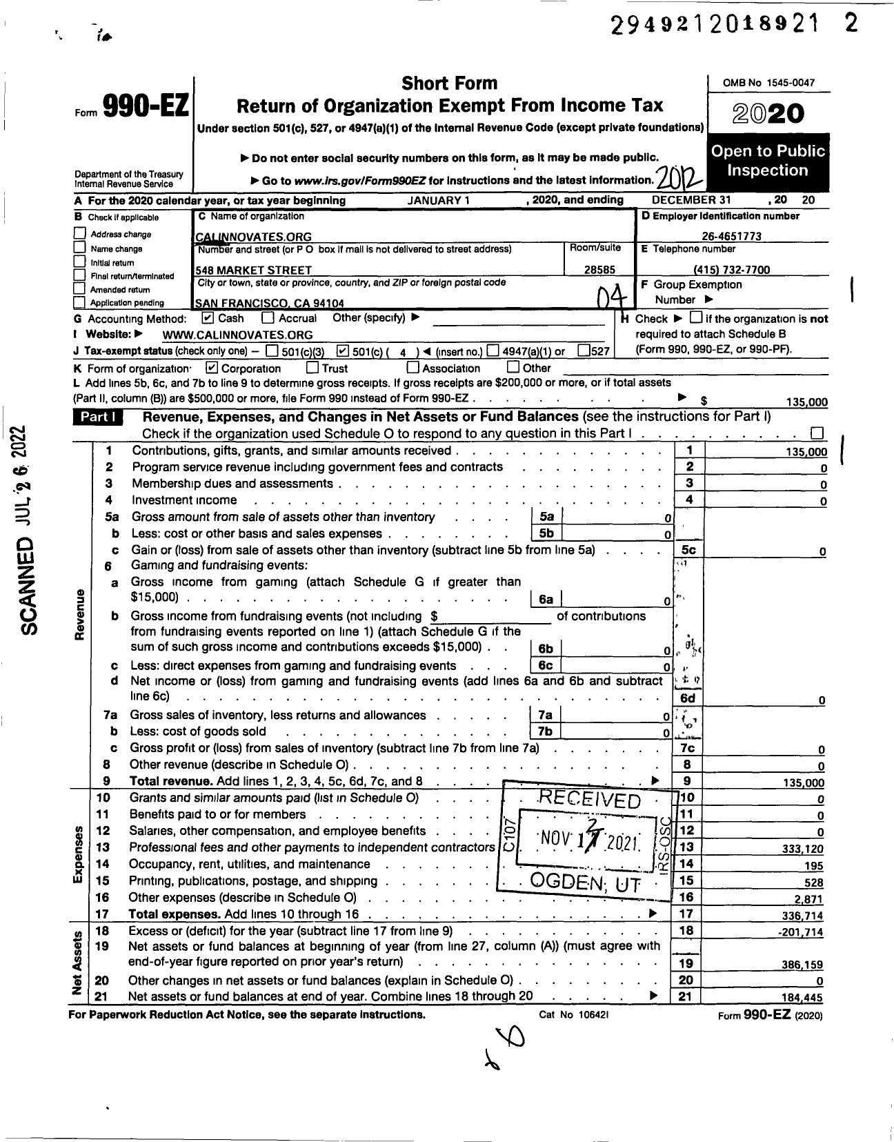 Image of first page of 2020 Form 990EO for CALInnovates-org