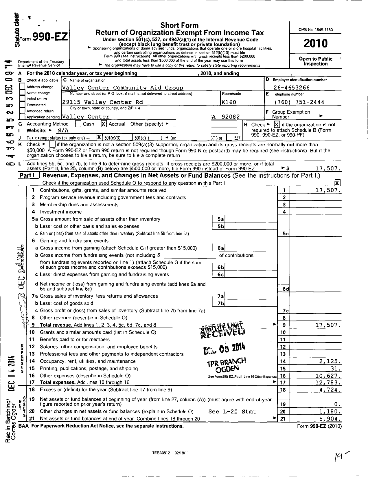 Image of first page of 2010 Form 990EZ for Valley Center Community Aid Group