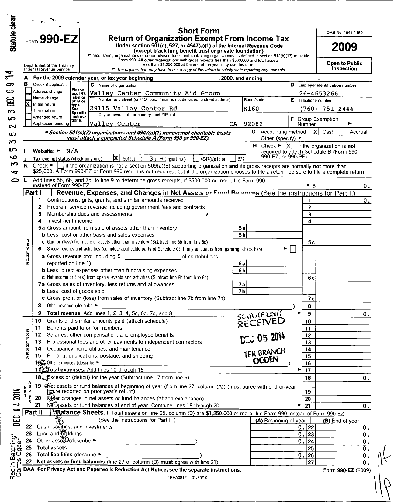 Image of first page of 2009 Form 990EZ for Valley Center Community Aid Group