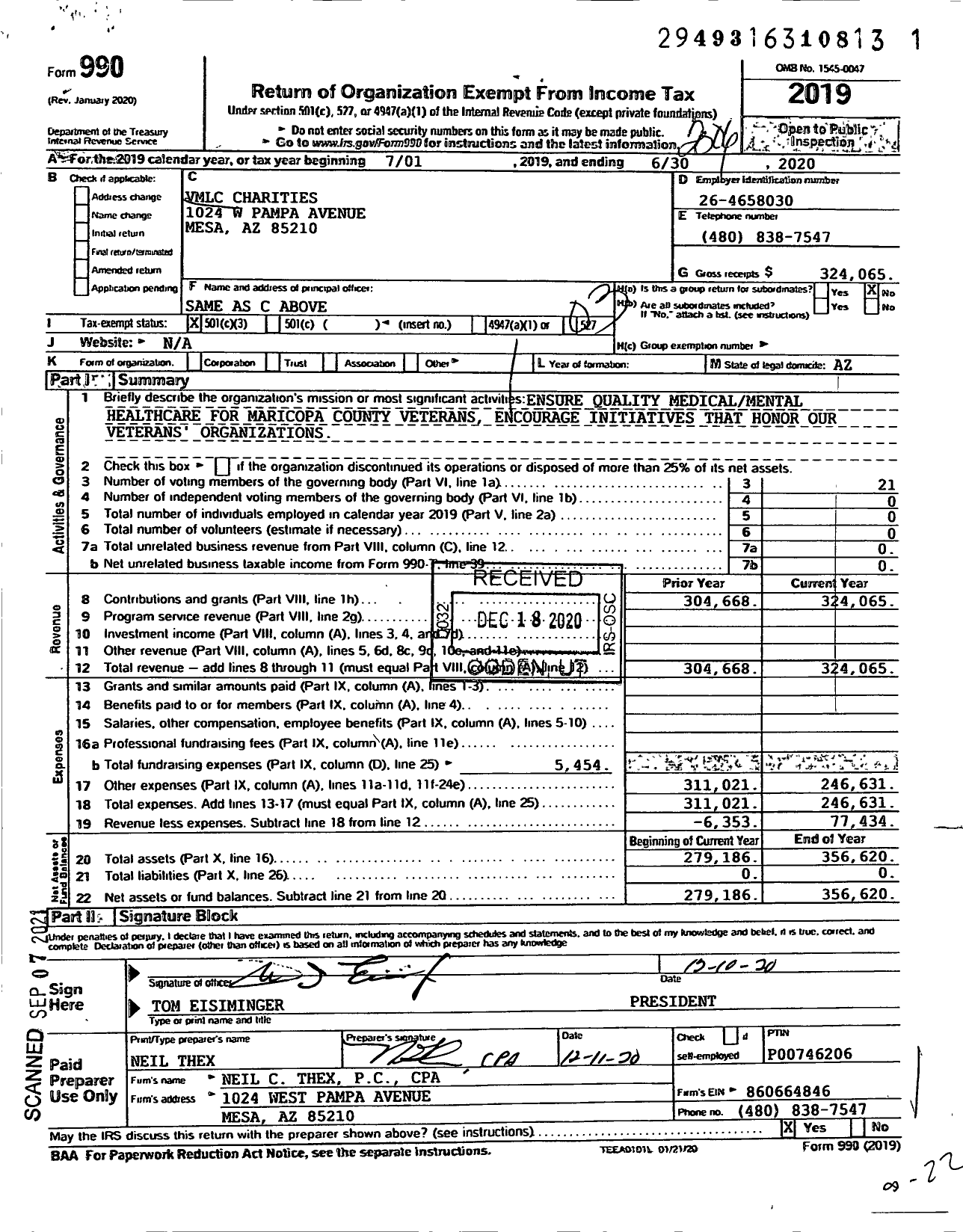 Image of first page of 2019 Form 990 for VMLC Charities