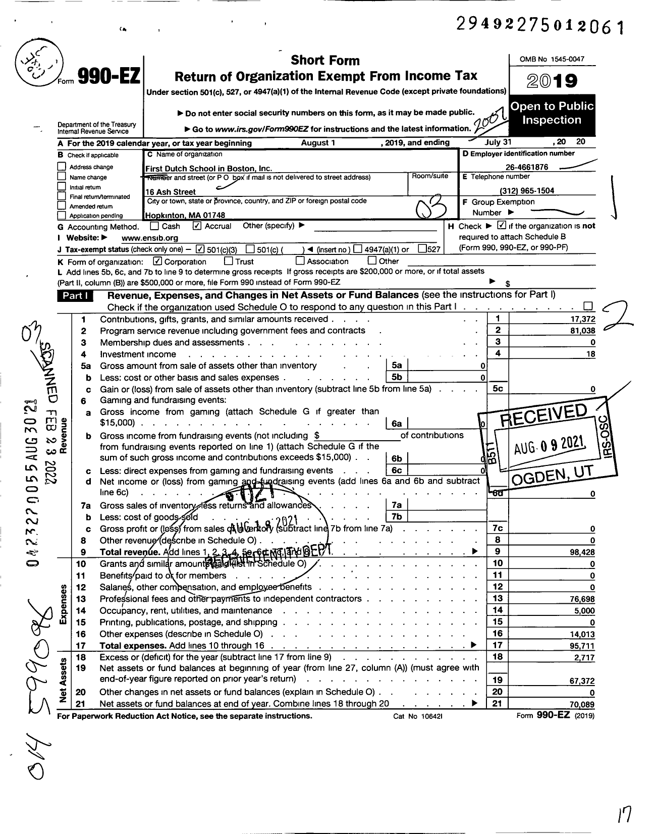 Image of first page of 2019 Form 990EZ for De Bonte Leeuw