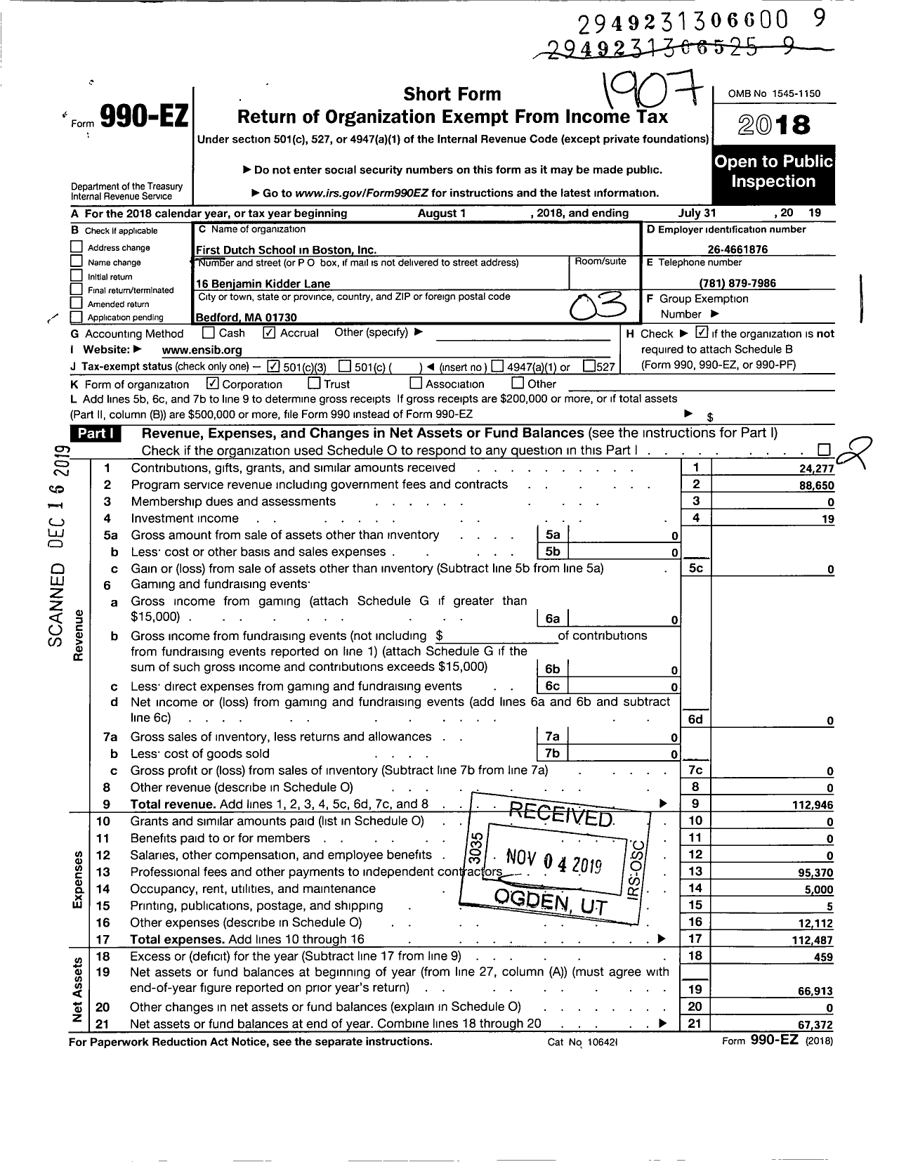 Image of first page of 2018 Form 990EZ for De Bonte Leeuw