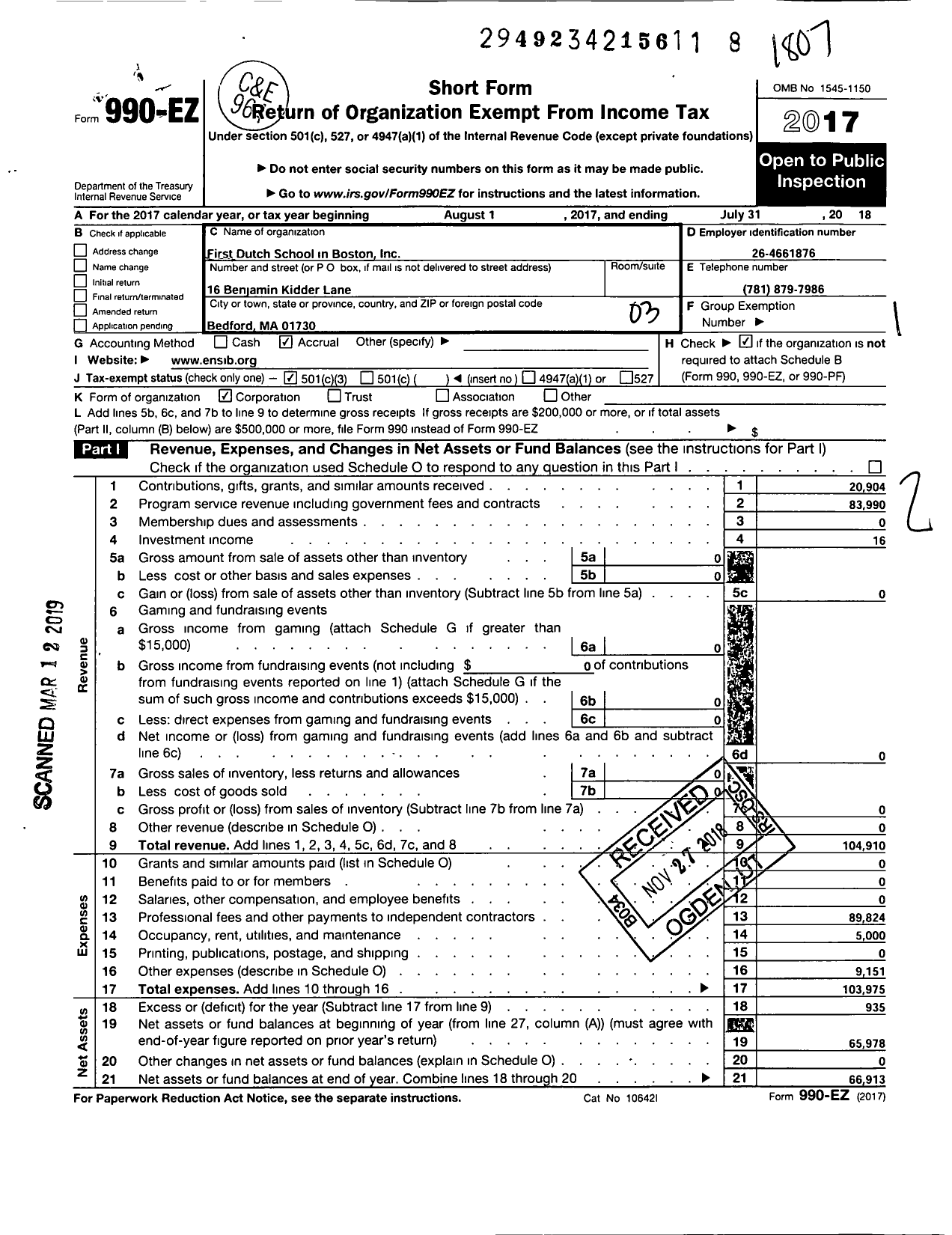 Image of first page of 2017 Form 990EZ for De Bonte Leeuw