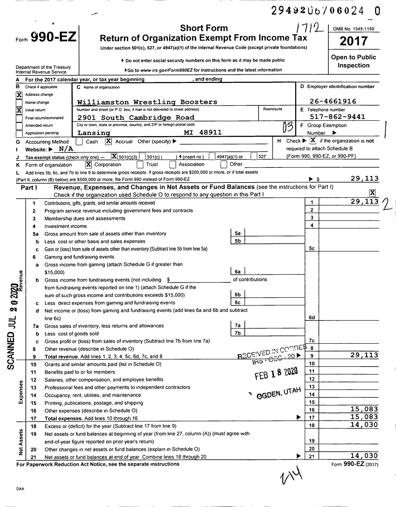 Image of first page of 2017 Form 990EZ for Williamston Wrestling Boosters