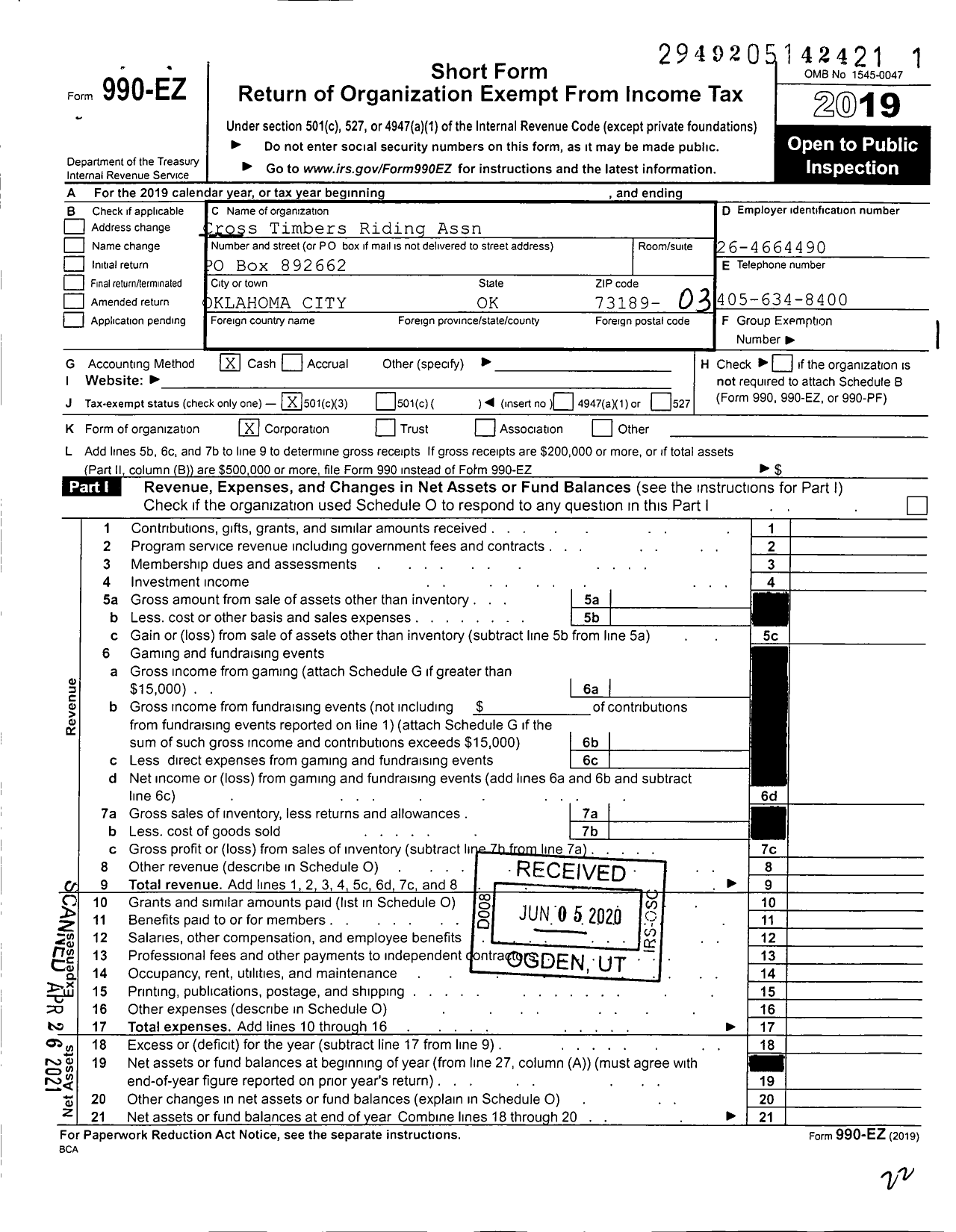 Image of first page of 2019 Form 990EZ for Cross Timbers Riding Assn (CRA)