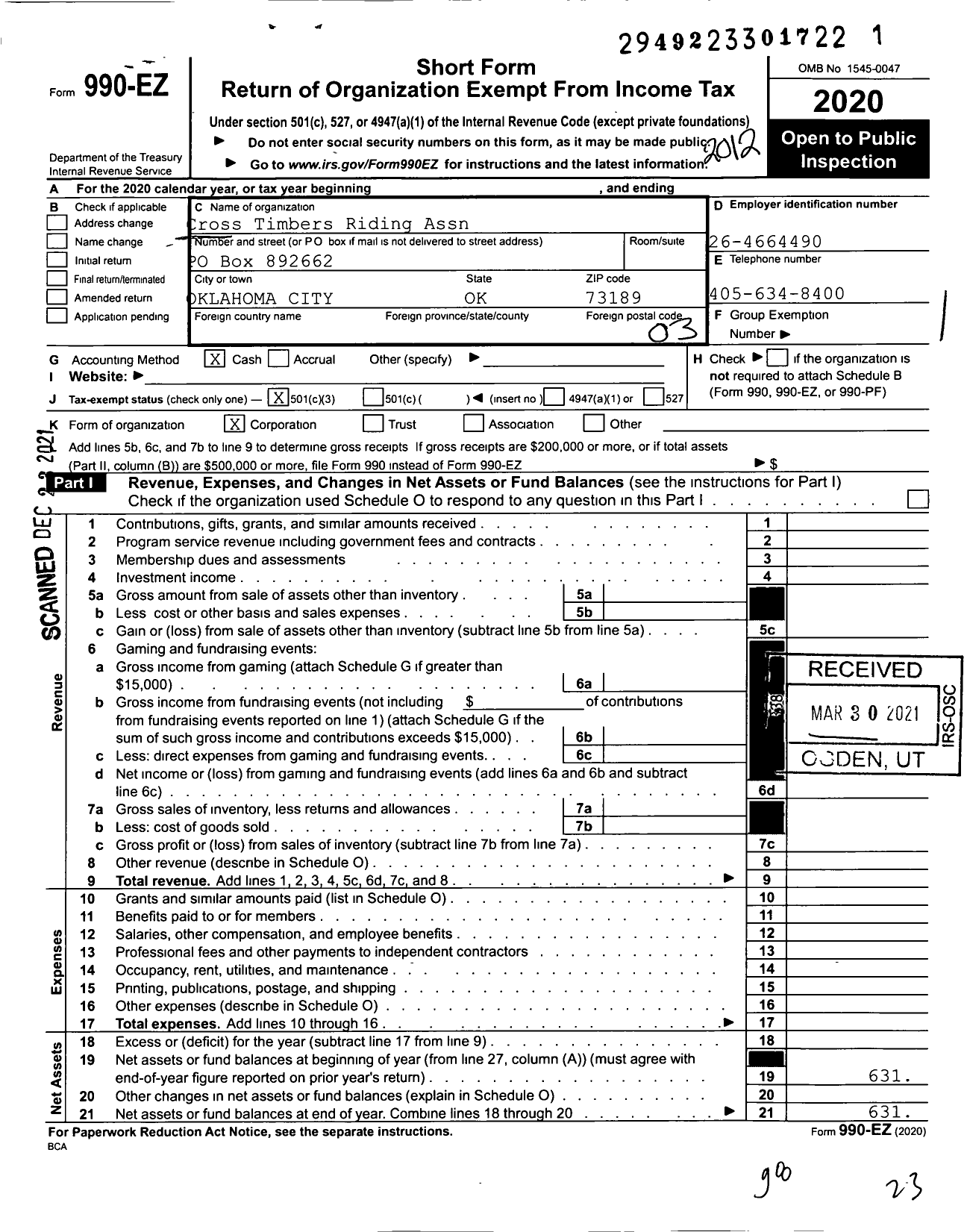 Image of first page of 2020 Form 990EZ for Cross Timbers Riding Assn (CRA)