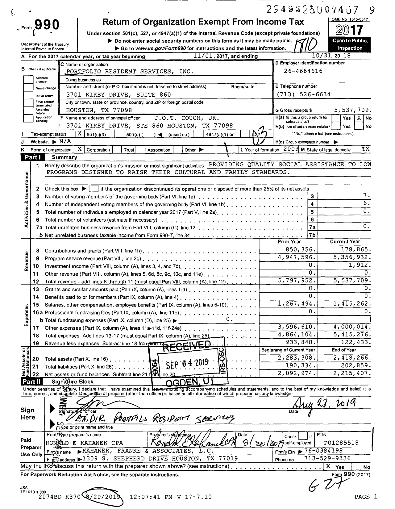 Image of first page of 2017 Form 990 for Portfolio Resident Services (PRS)