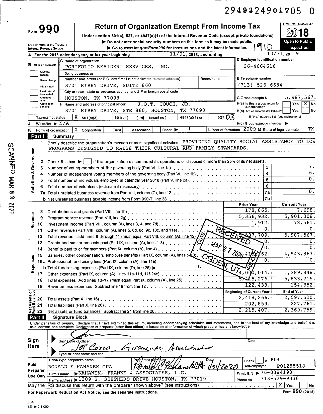 Image of first page of 2018 Form 990 for Portfolio Resident Services (PRS)