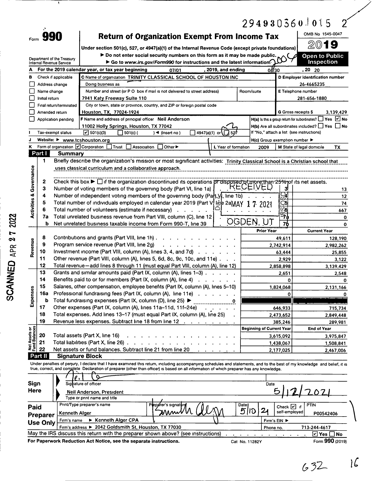 Image of first page of 2019 Form 990 for Trinity Classical School of Houston