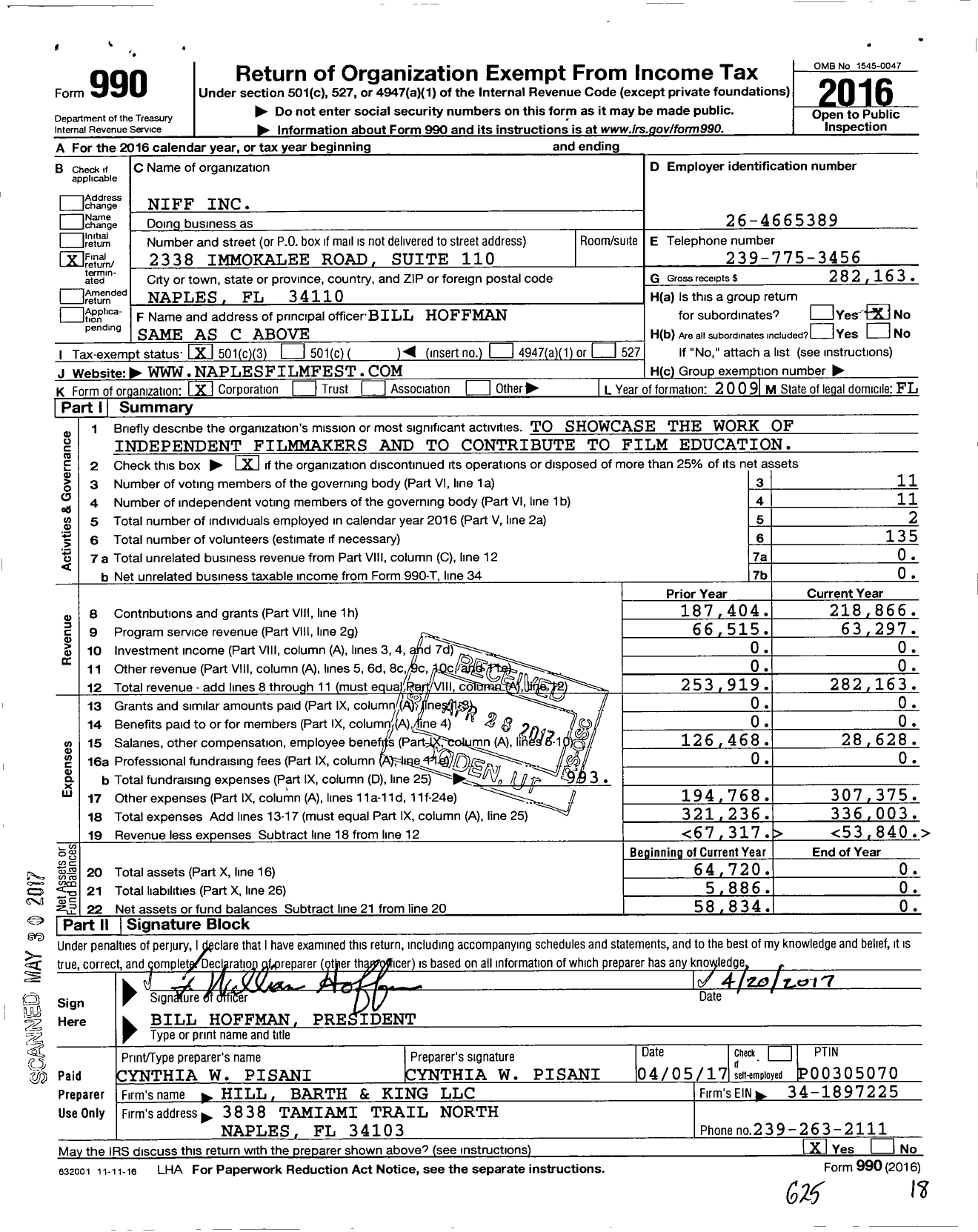 Image of first page of 2016 Form 990 for Naples International Film Festival (NIFF)