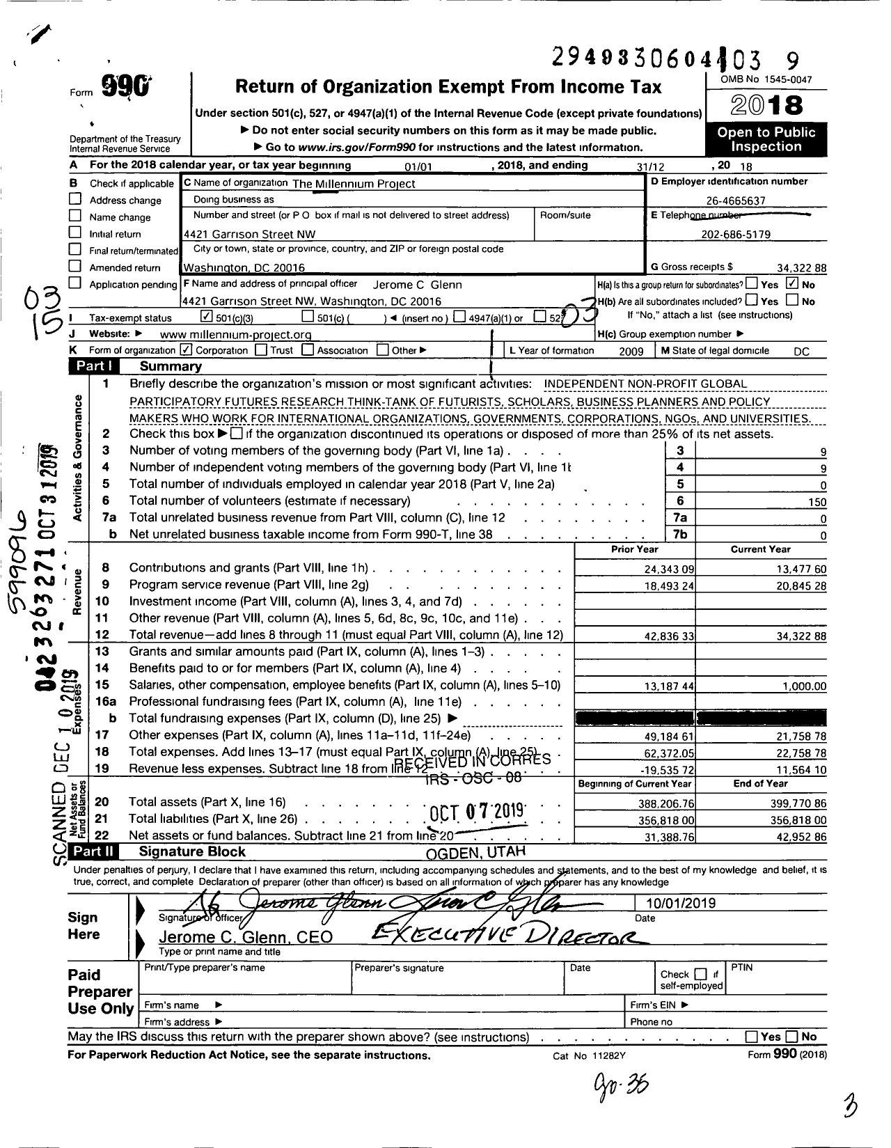 Image of first page of 2018 Form 990 for Millennium Project Corporation