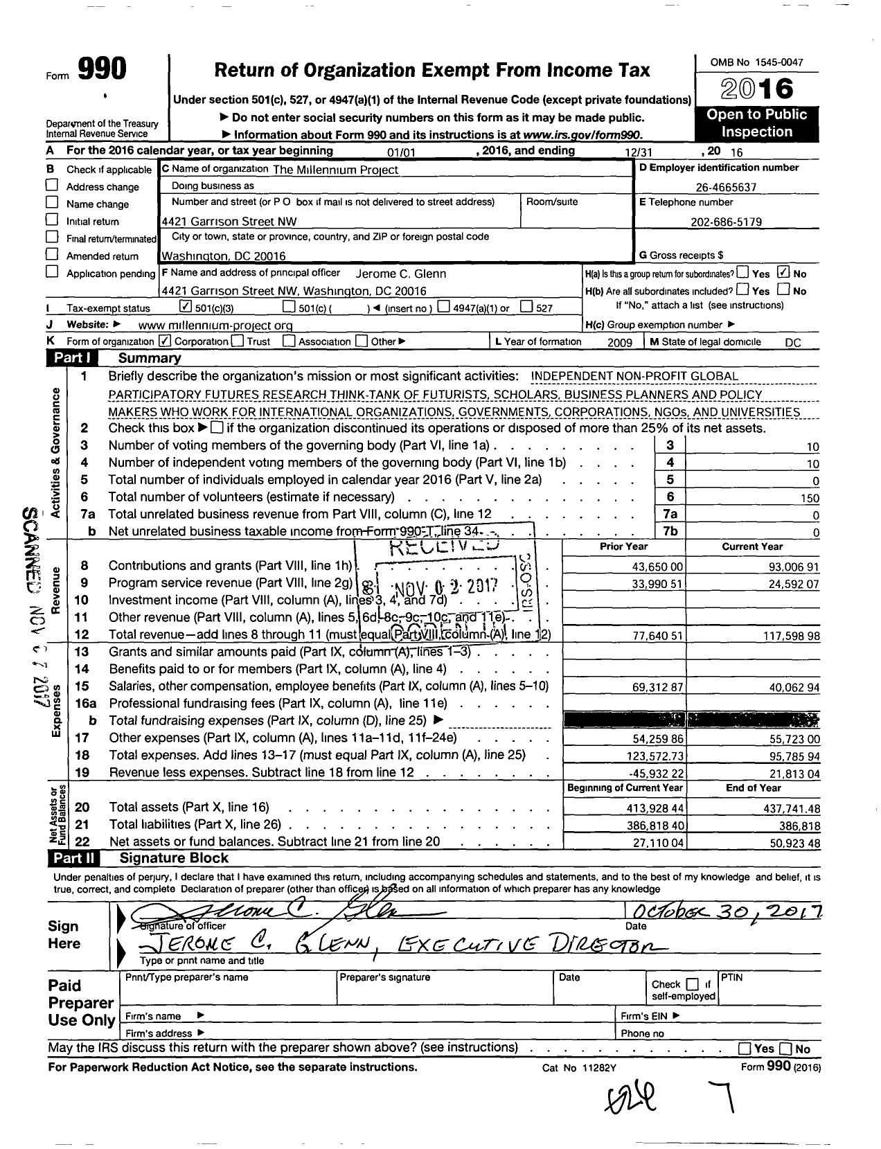 Image of first page of 2016 Form 990 for Millennium Project Corporation