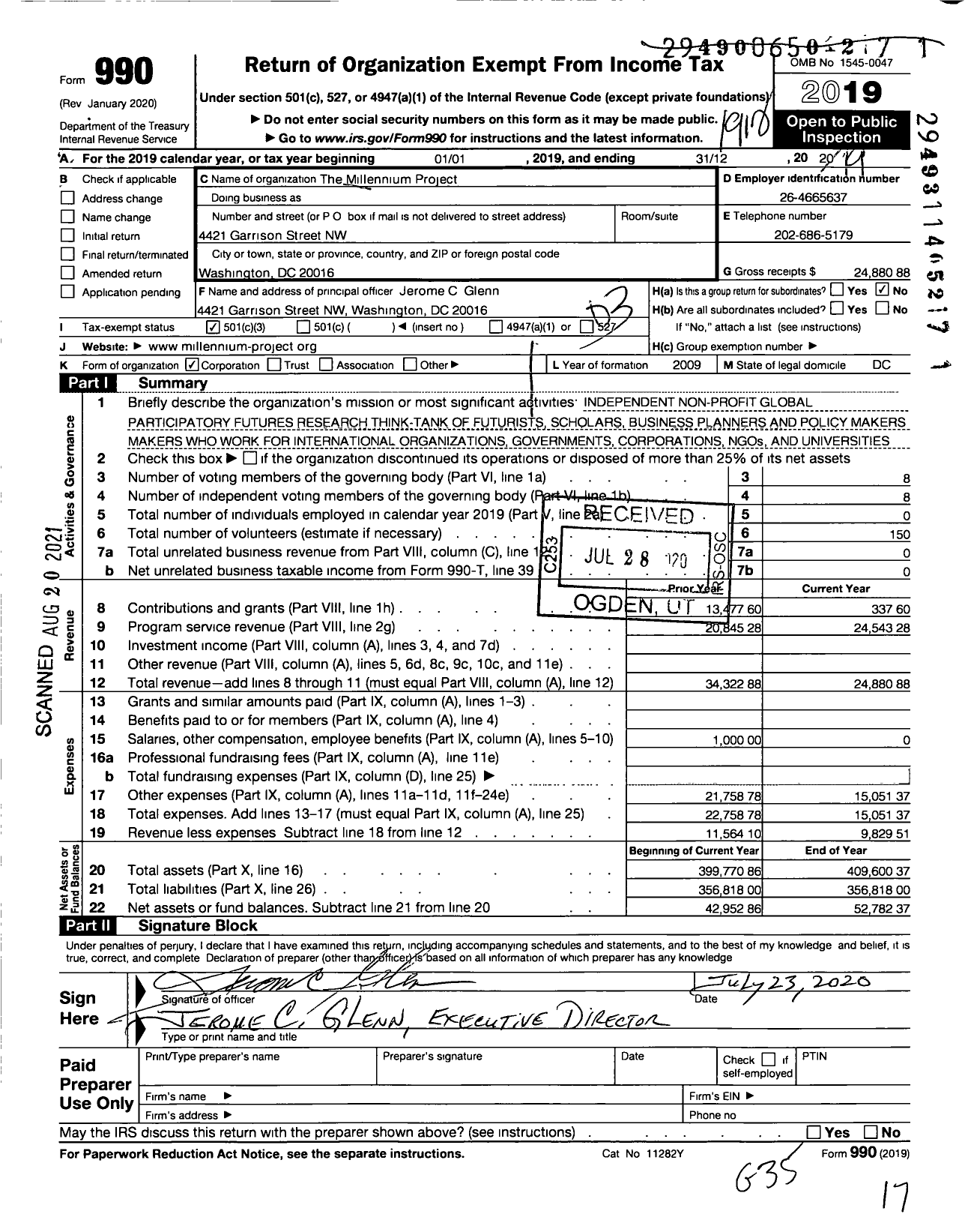 Image of first page of 2019 Form 990 for Millennium Project Corporation