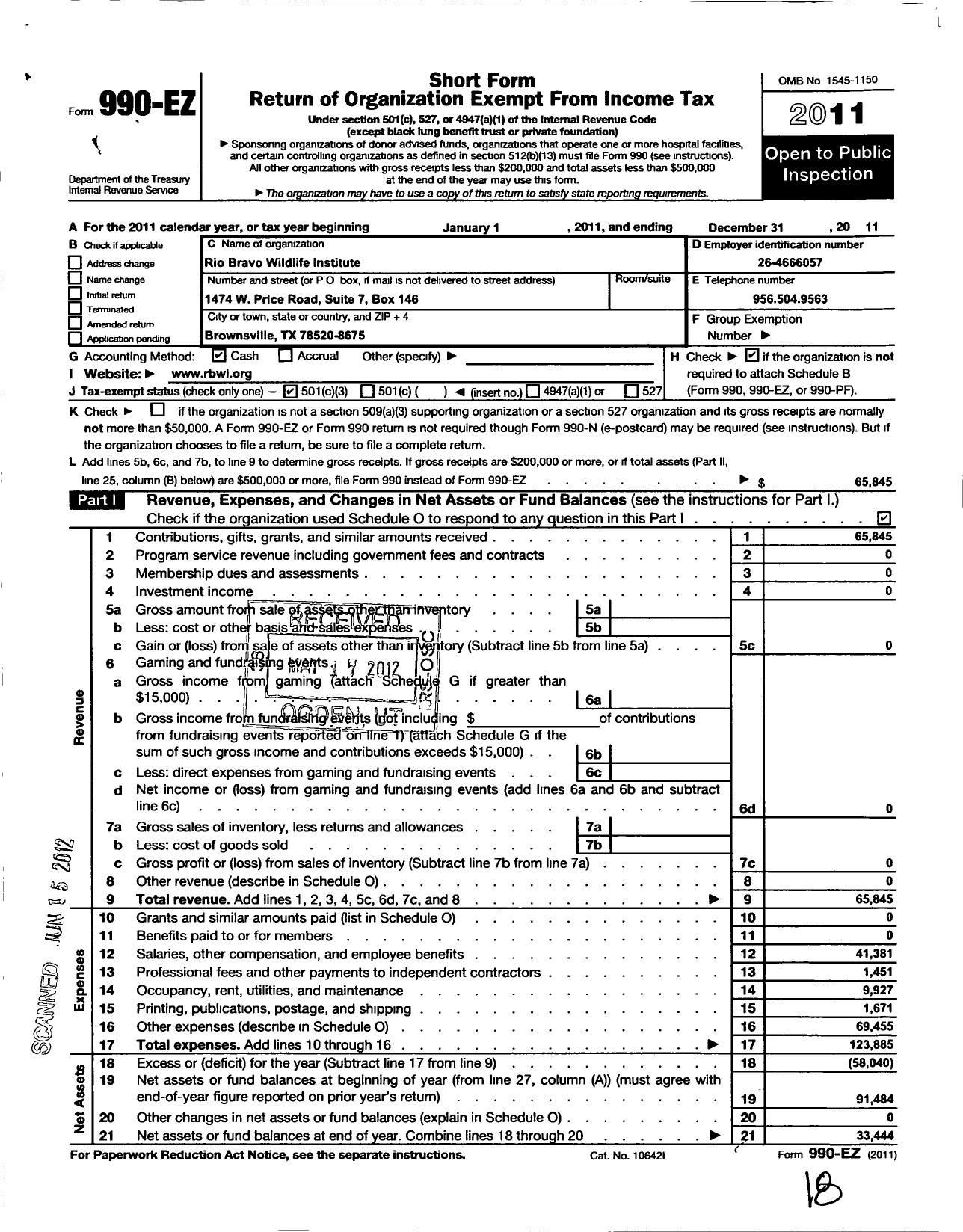 Image of first page of 2011 Form 990EZ for Rio Bravo Wildlife Institute