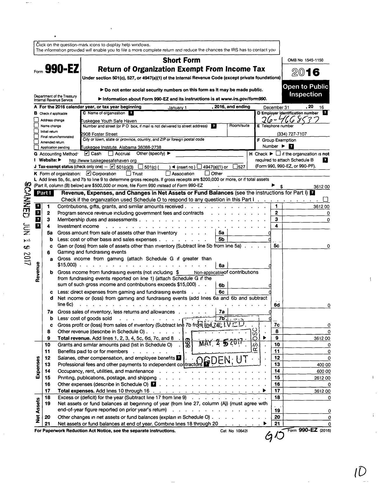 Image of first page of 2016 Form 990EZ for Tuskegee Youth Safe Haven