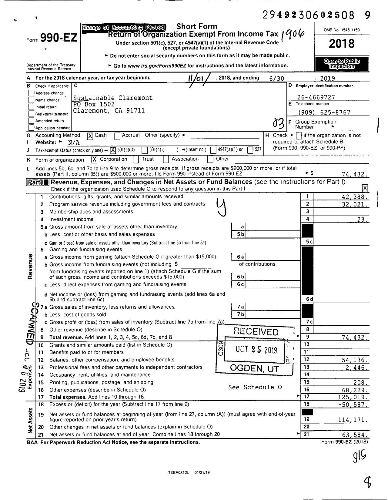 Image of first page of 2018 Form 990EZ for Sustainable Claremont