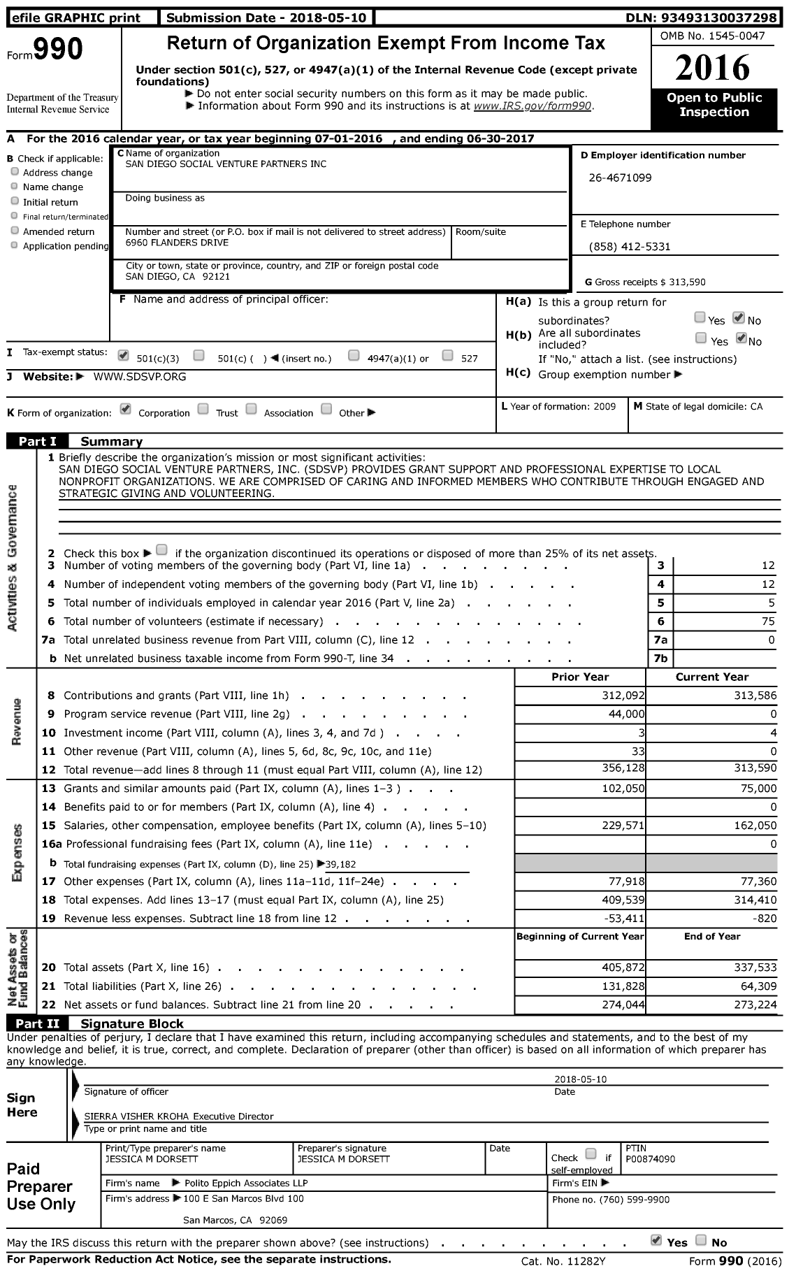 Image of first page of 2016 Form 990 for San Diego Social Venture Partners (SDSVP)