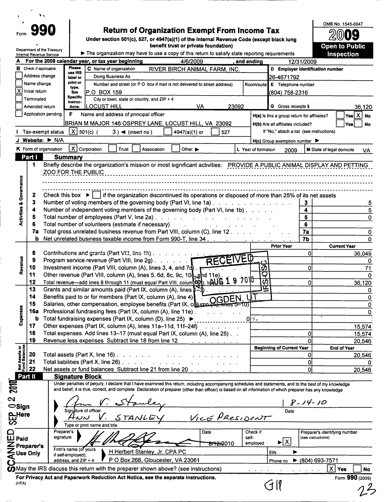 Image of first page of 2009 Form 990 for River Birch Animal Farm