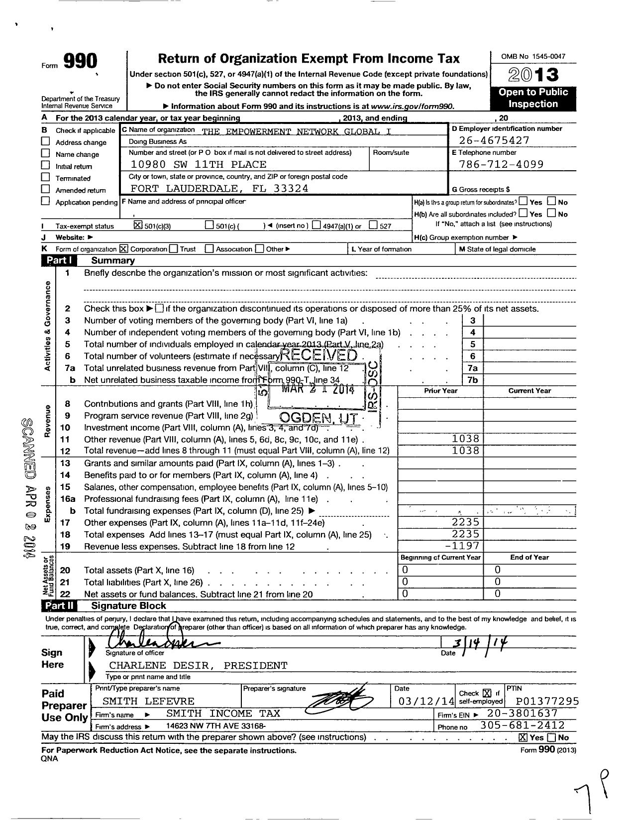 Image of first page of 2013 Form 990 for Empowerment Network Global