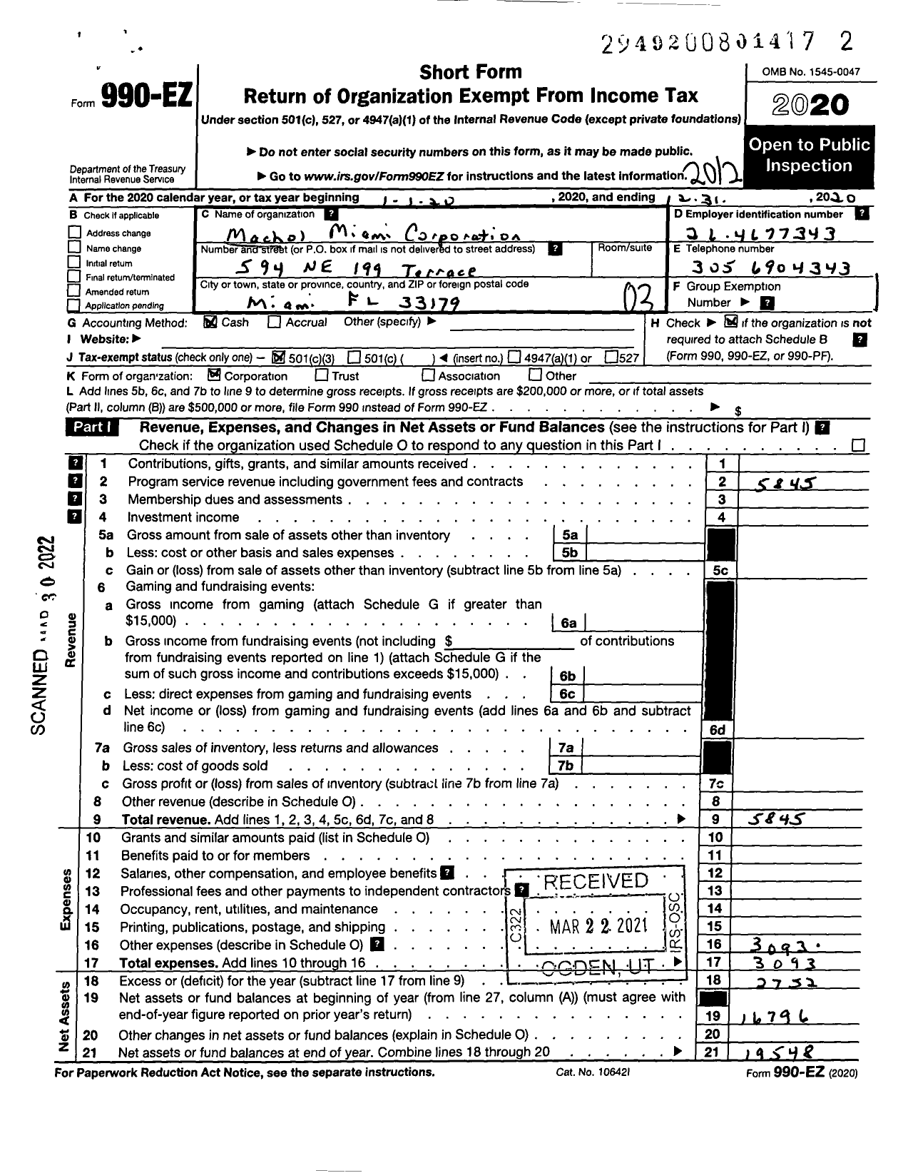 Image of first page of 2020 Form 990EZ for Machol Miami Corporation