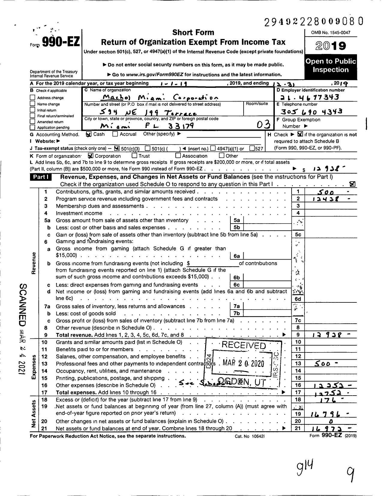 Image of first page of 2019 Form 990EZ for Machol Miami Corporation