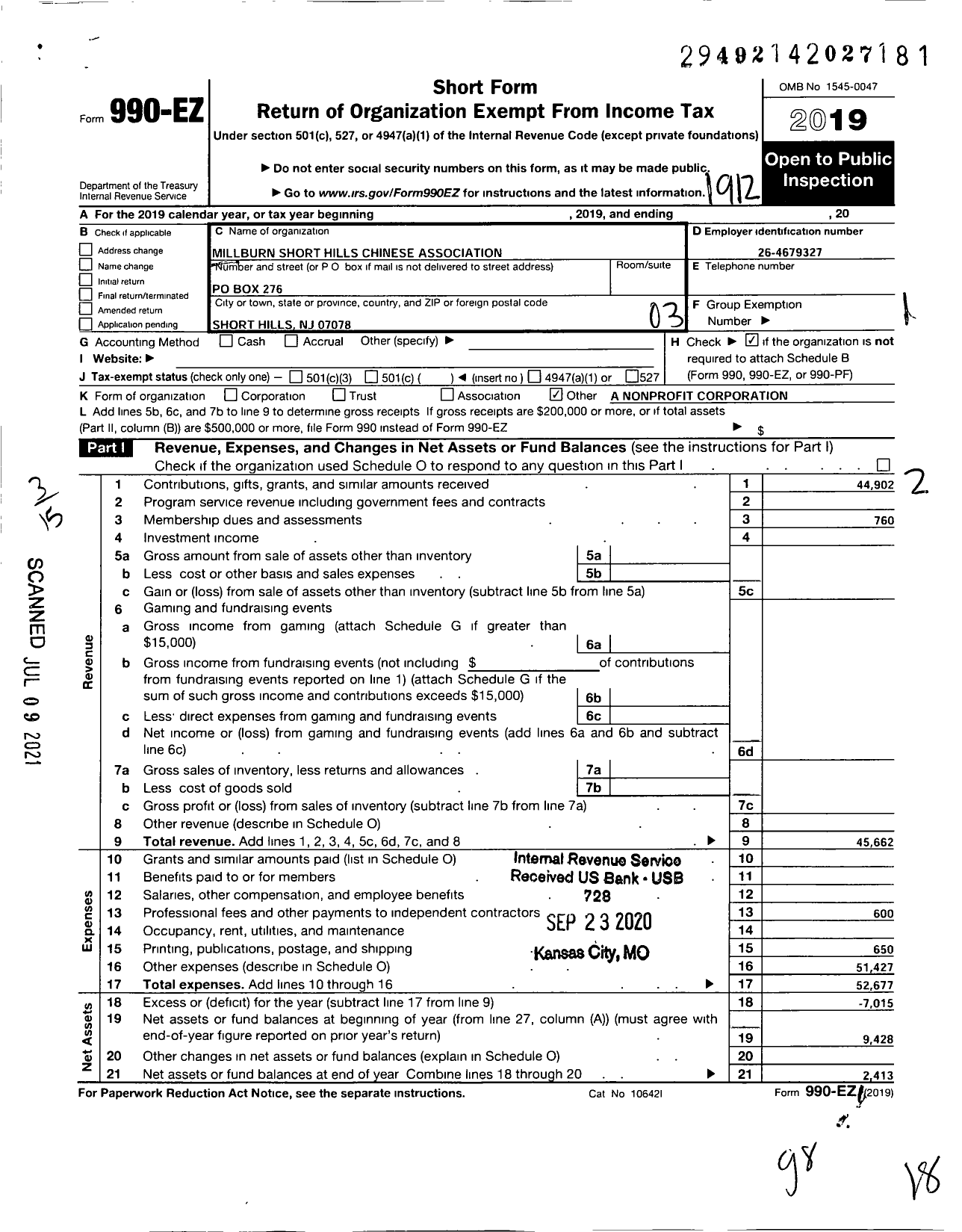 Image of first page of 2019 Form 990EZ for Millburn Short Hills Chinese Association