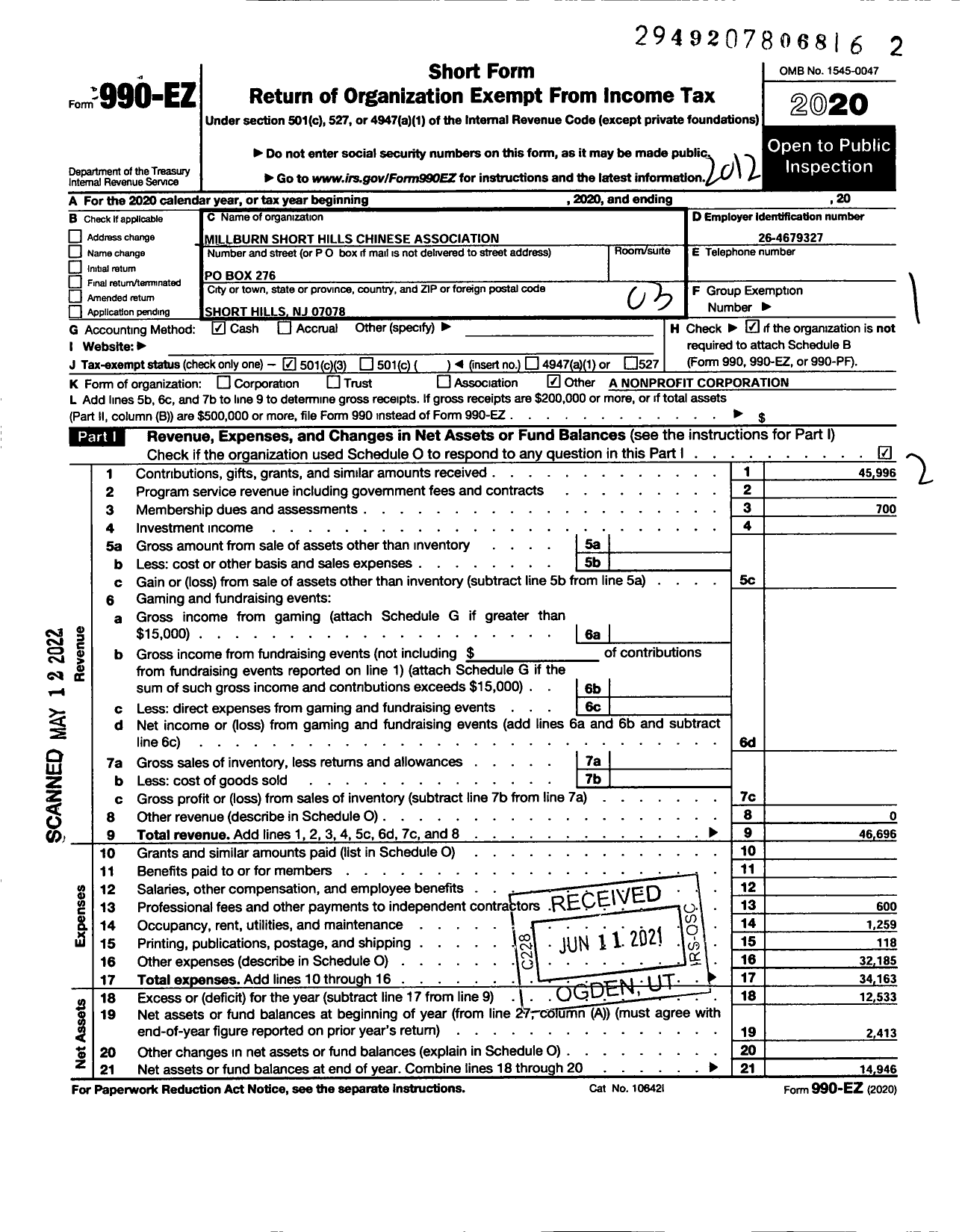 Image of first page of 2020 Form 990EZ for Millburn Short Hills Chinese Association