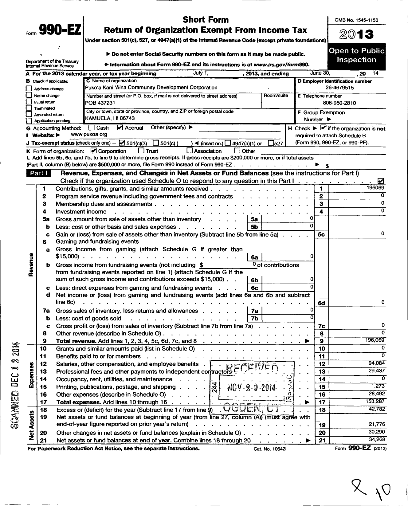 Image of first page of 2013 Form 990EZ for Pukoa Kani Aina Community Development and Financial Institute