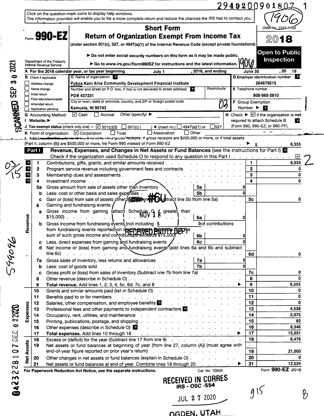 Image of first page of 2018 Form 990EZ for Pukoa Kani Aina Community Development and Financial Institute