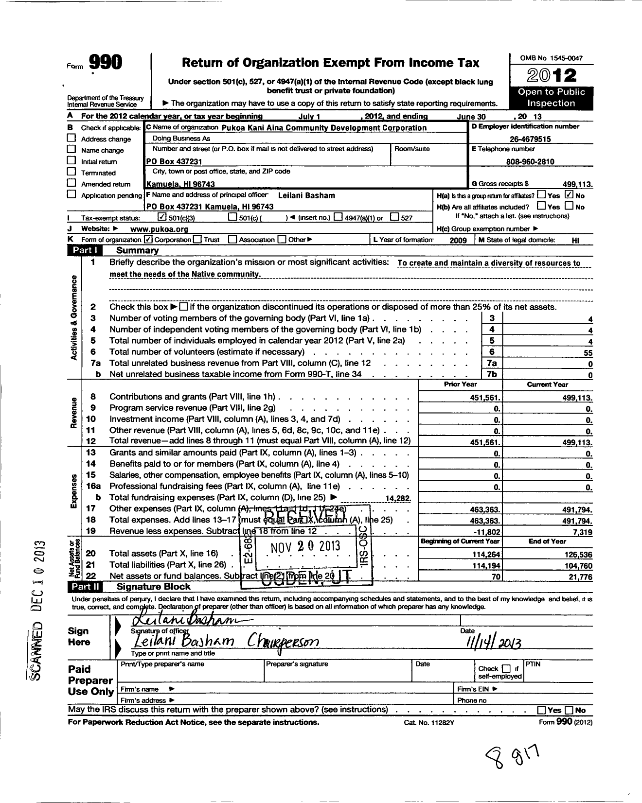 Image of first page of 2012 Form 990 for Pukoa Kani Aina Community Development and Financial Institute