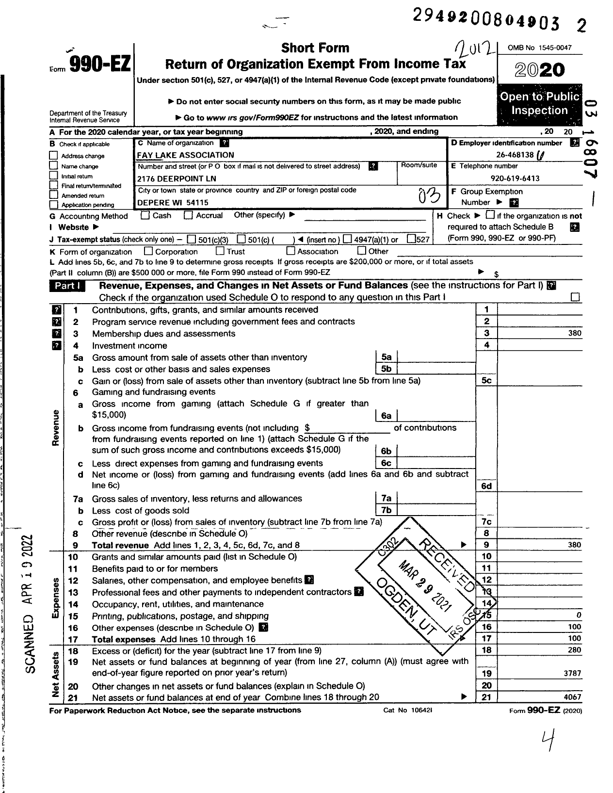 Image of first page of 2020 Form 990EZ for Fay Lake Association