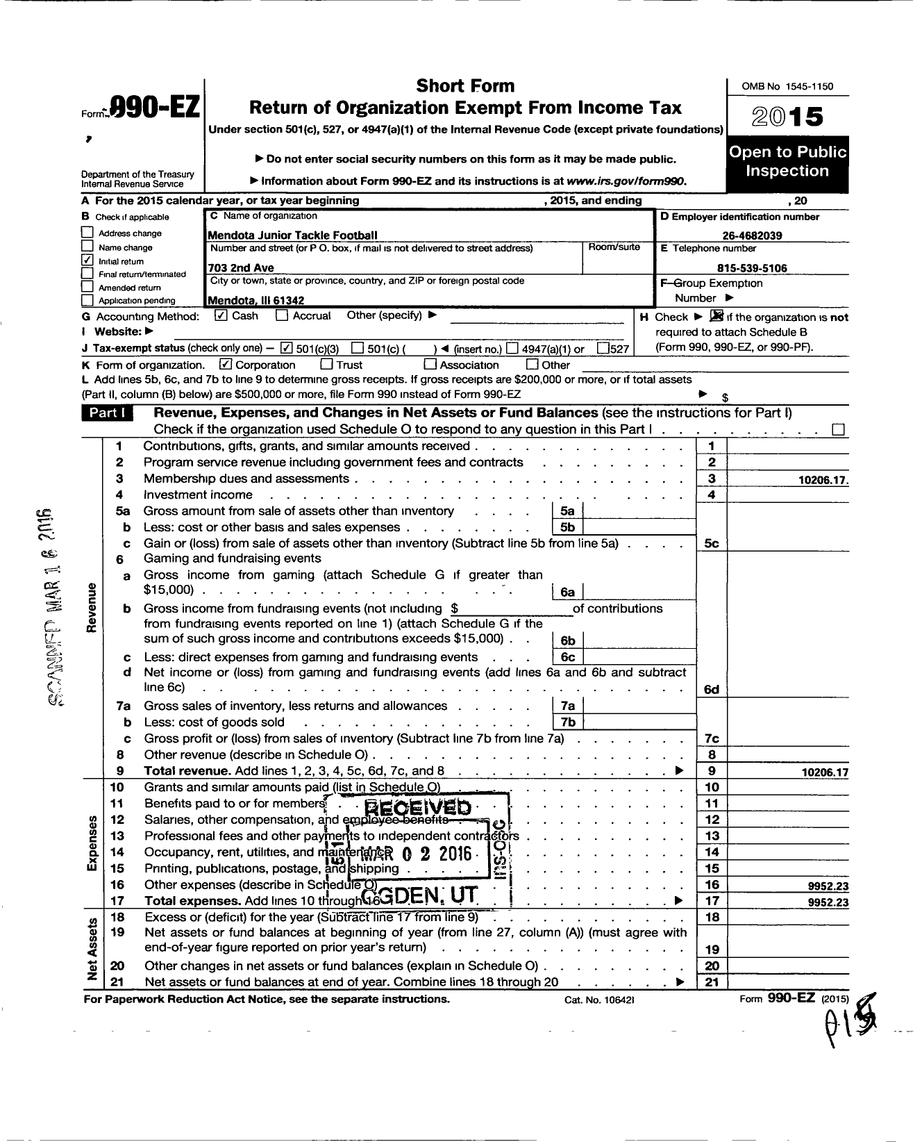 Image of first page of 2015 Form 990EZ for Mendota Junior Tackle Football