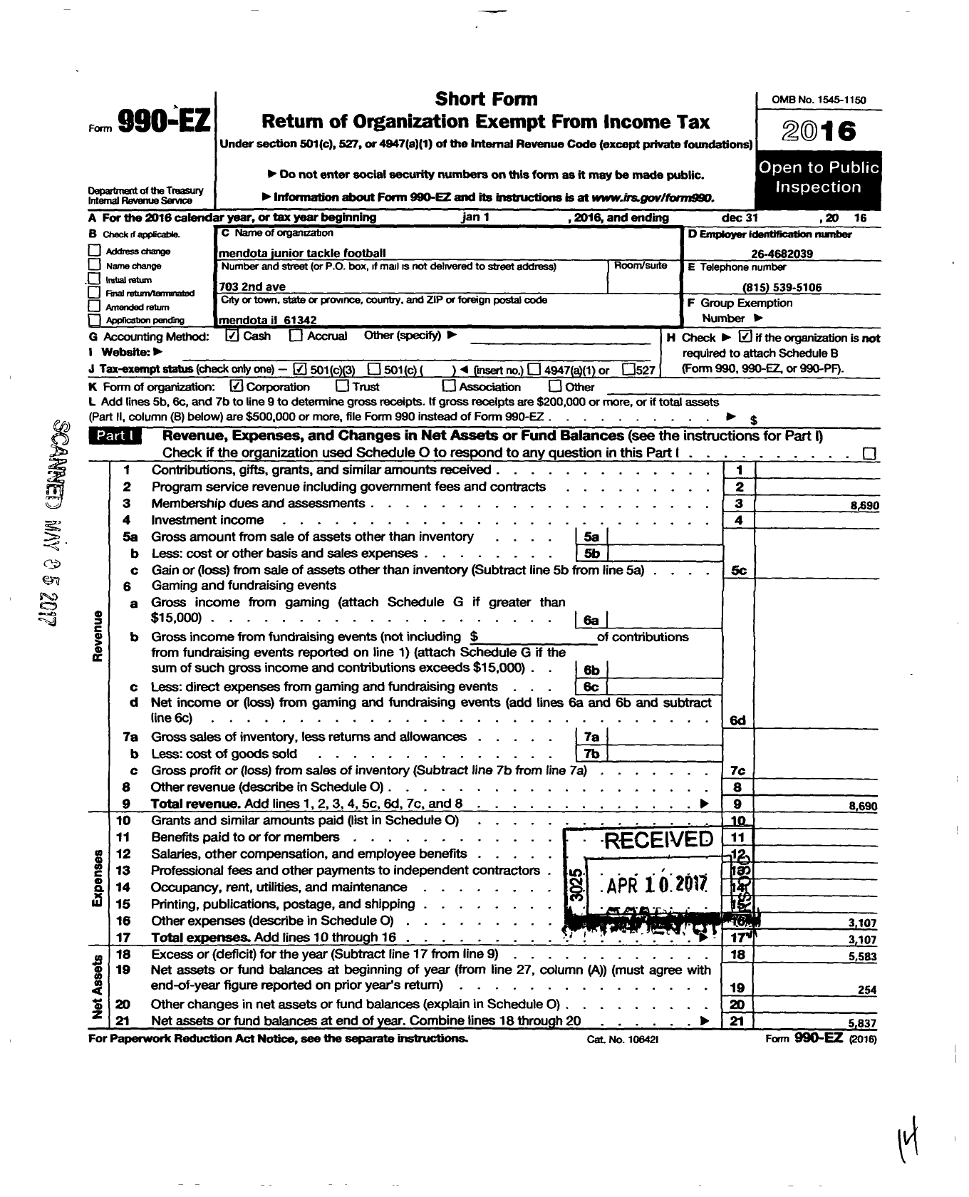 Image of first page of 2016 Form 990EZ for Mendota Junior Tackle Football