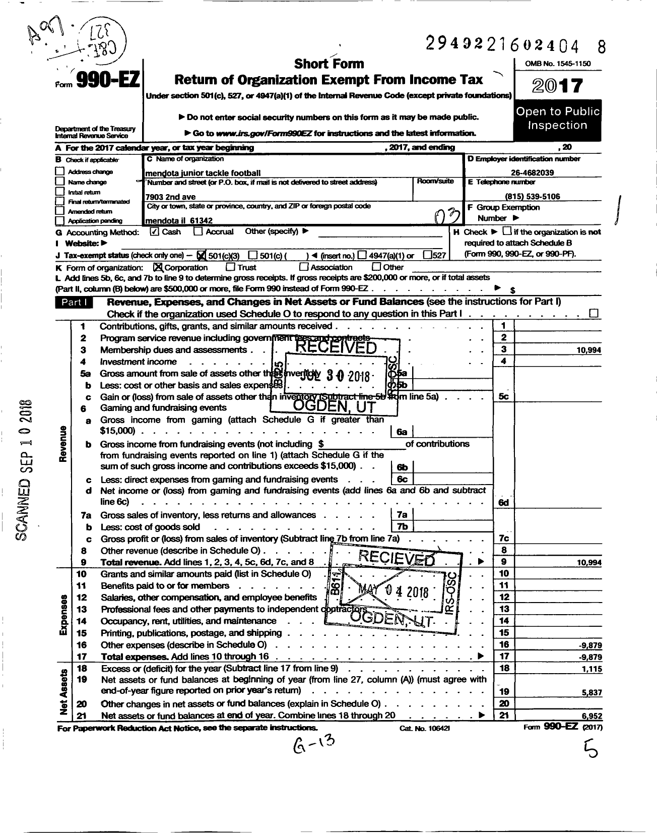 Image of first page of 2017 Form 990EZ for Mendota Junior Tackle Football