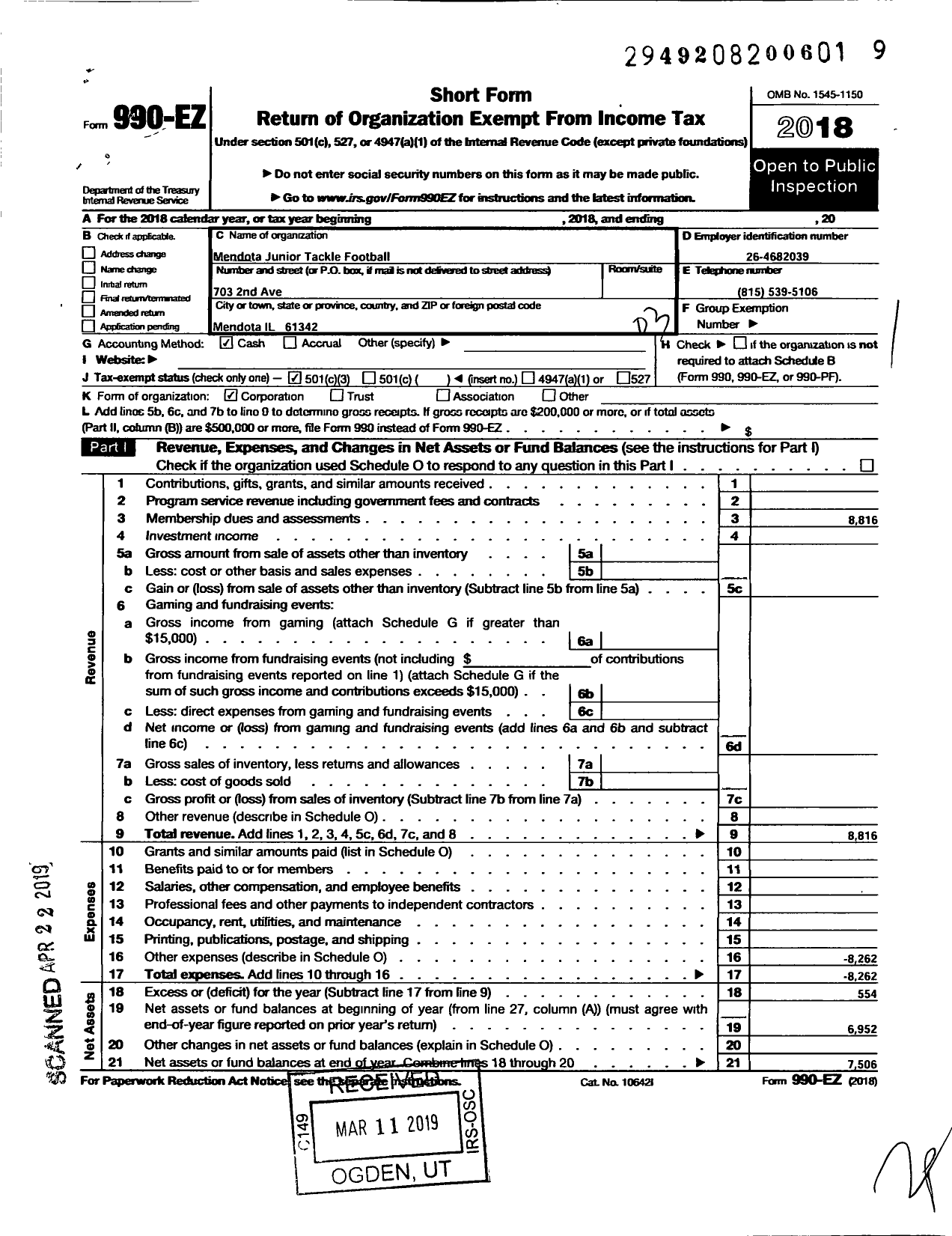 Image of first page of 2018 Form 990EZ for Mendota Junior Tackle Football