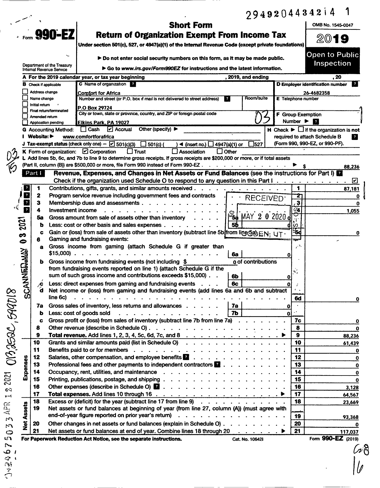 Image of first page of 2019 Form 990EZ for Comfort for Africa