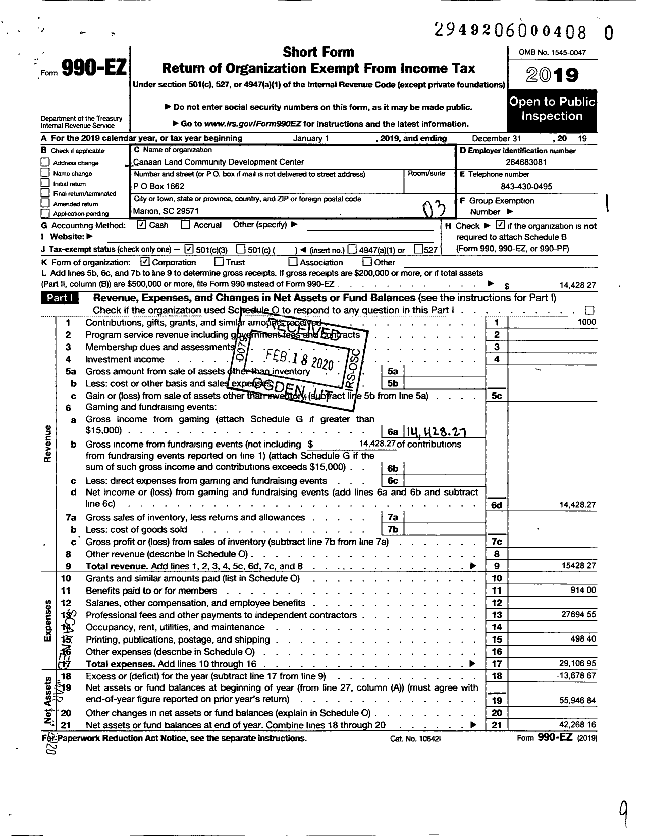 Image of first page of 2019 Form 990EZ for Caanan Land Community Development Center