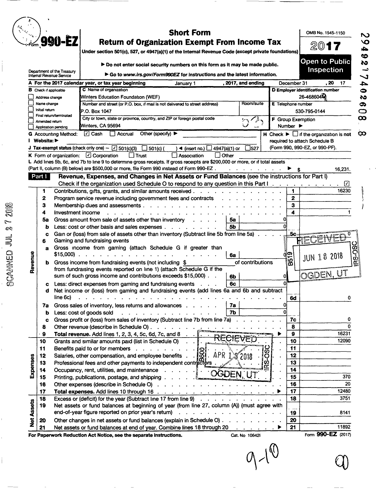 Image of first page of 2017 Form 990EZ for Winters Education Foundation