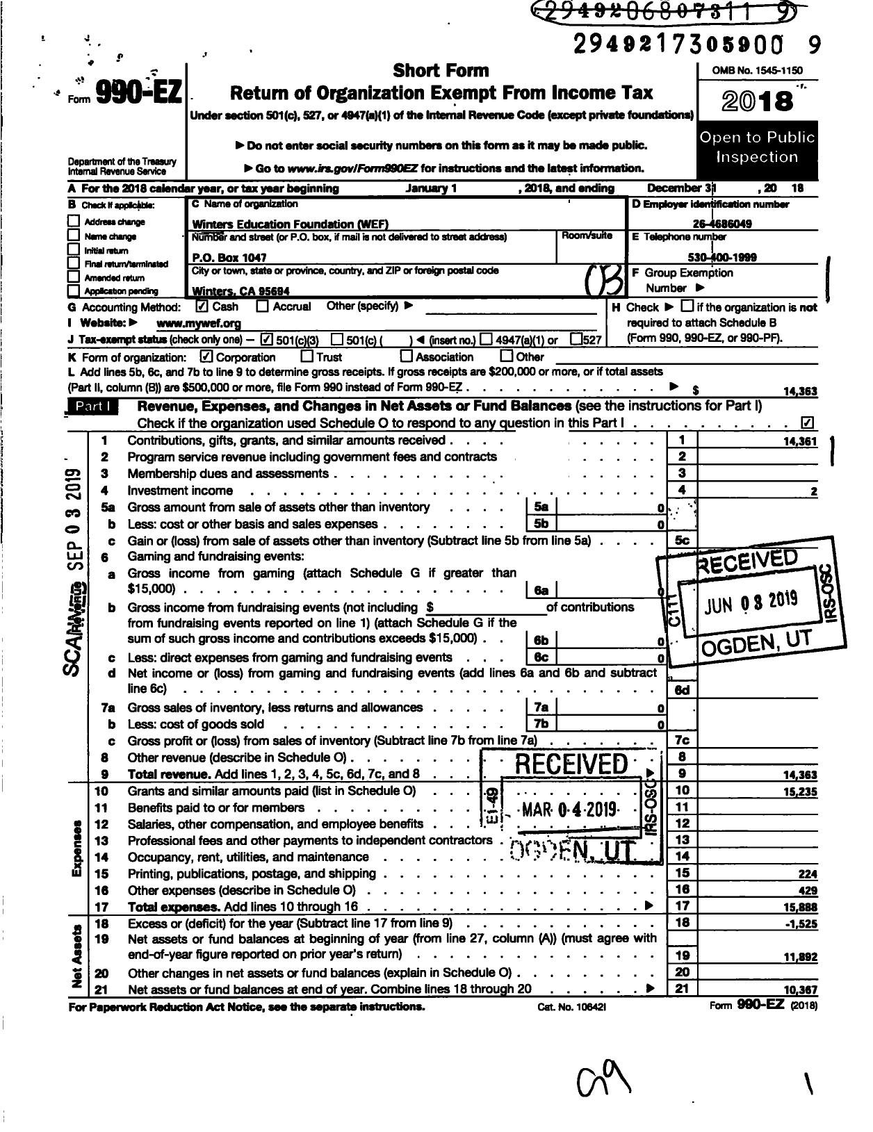 Image of first page of 2018 Form 990EZ for Winters Education Foundation