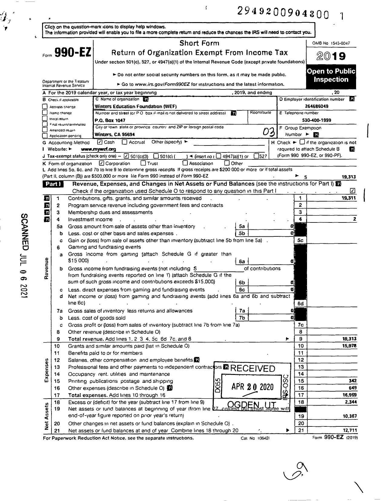 Image of first page of 2019 Form 990EZ for Winters Education Foundation