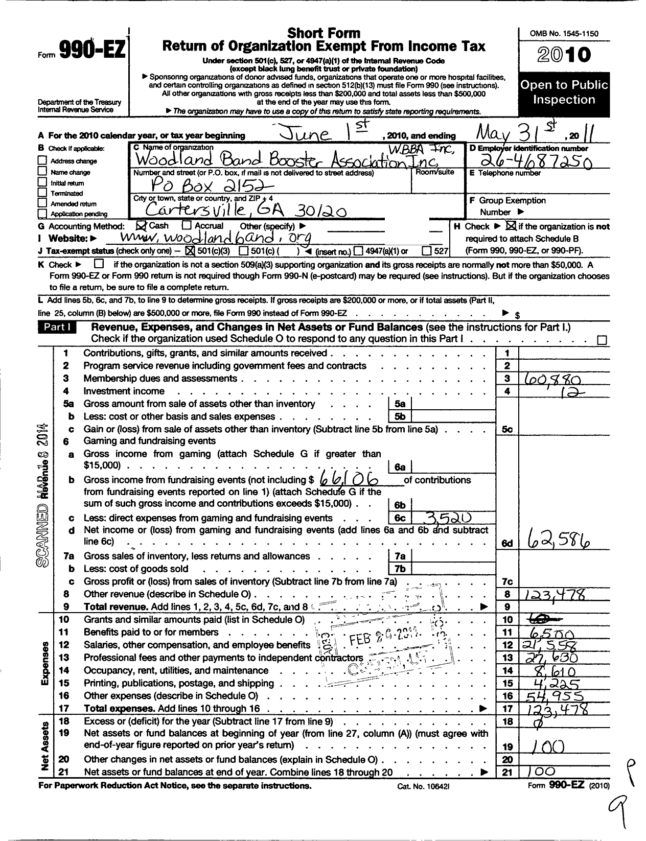 Image of first page of 2010 Form 990EZ for Woodland Band Booster Association