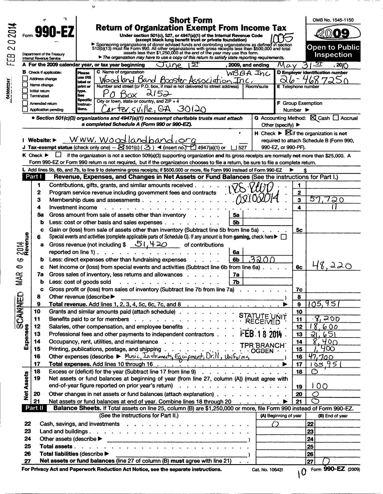 Image of first page of 2009 Form 990EZ for Woodland Band Booster Association