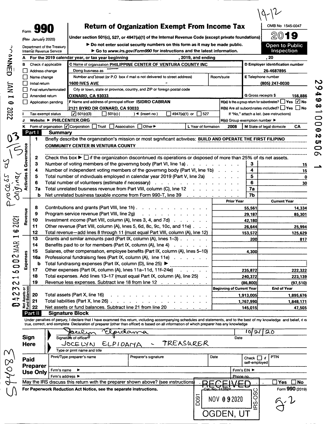 Image of first page of 2019 Form 990 for Philippine Center of Ventura County