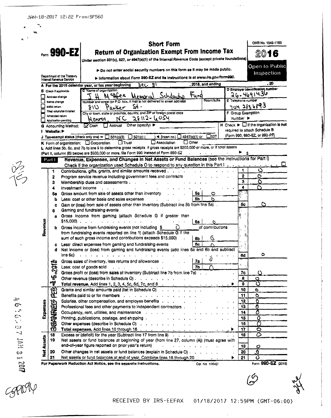 Image of first page of 2016 Form 990EO for J H Mcafee Memorial Scolarship Fund