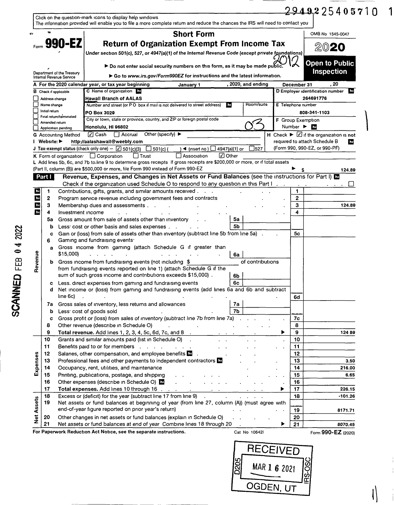 Image of first page of 2020 Form 990EZ for Hawaii Branch of Aalas