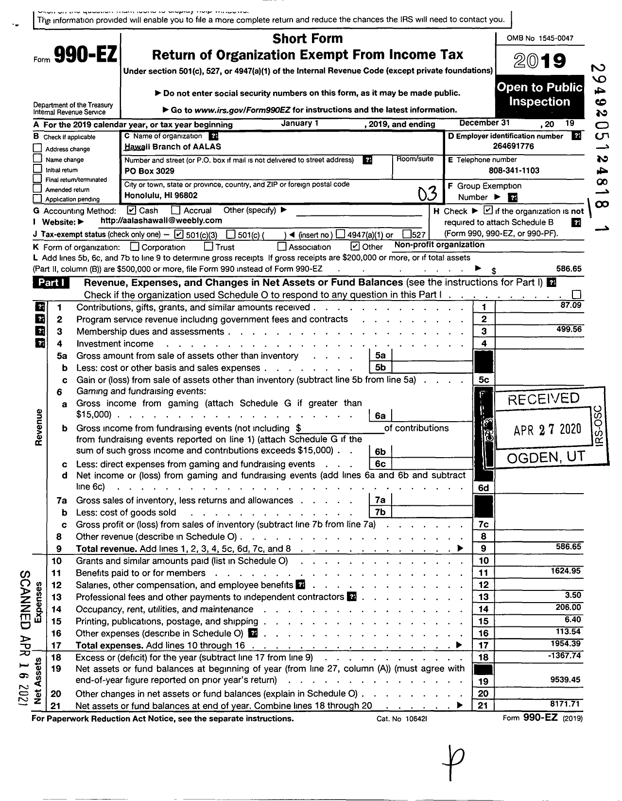 Image of first page of 2019 Form 990EZ for Hawaii Branch of Aalas