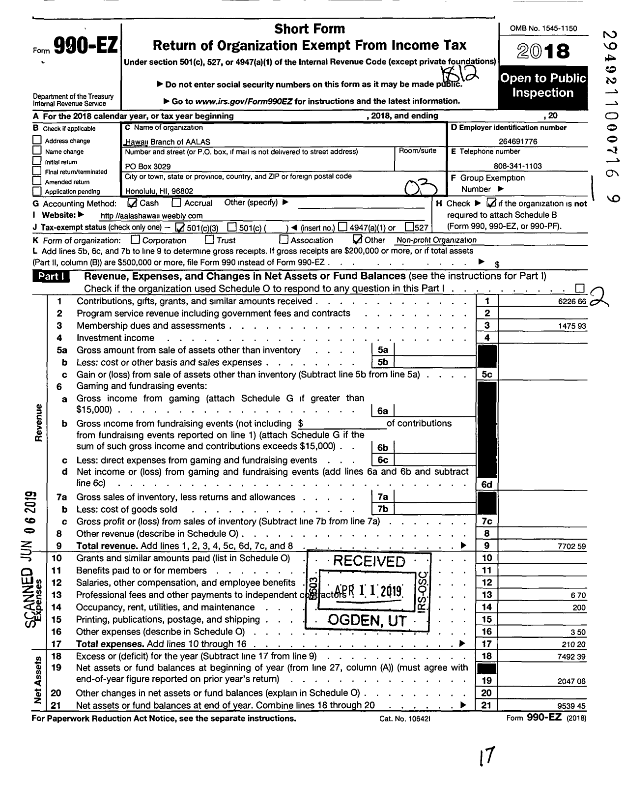 Image of first page of 2018 Form 990EZ for Hawaii Branch of Aalas