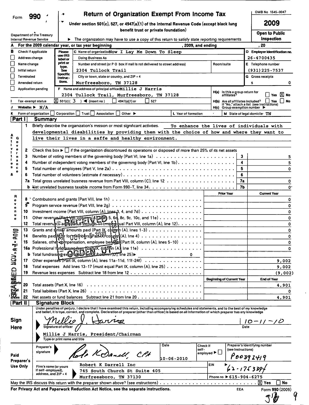 Image of first page of 2009 Form 990 for Now I Lay Me Down To Sleep