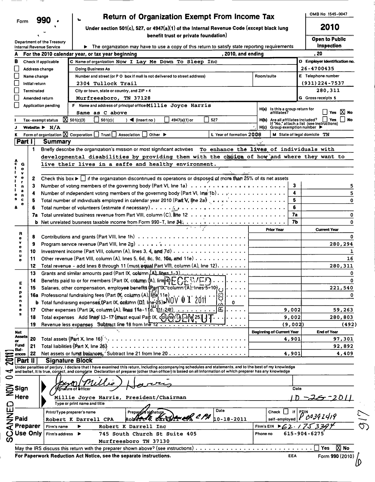 Image of first page of 2010 Form 990 for Now I Lay Me Down To Sleep