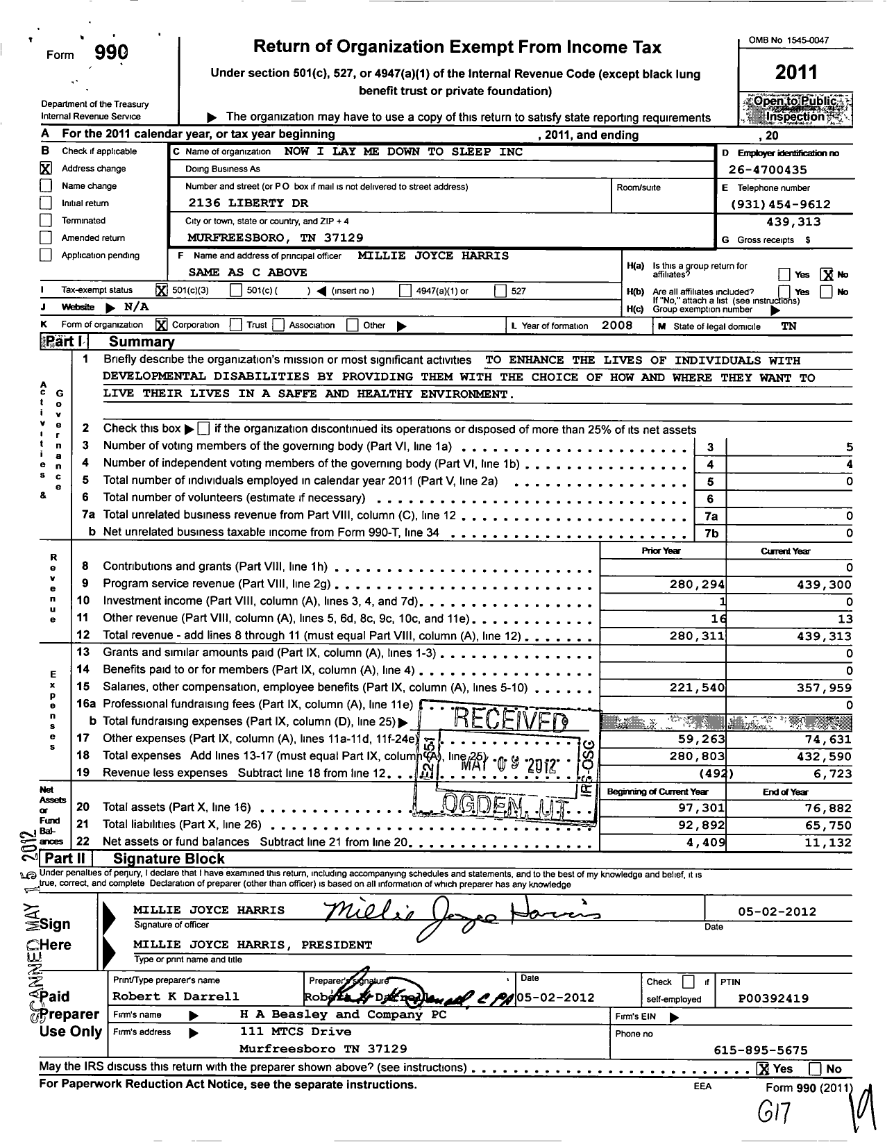 Image of first page of 2011 Form 990 for Now I Lay Me Down To Sleep